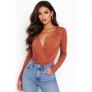 Free People‎ Turnt Surplice Long Sleeve Thong Bodysuit Size M NWT Ginger Spice